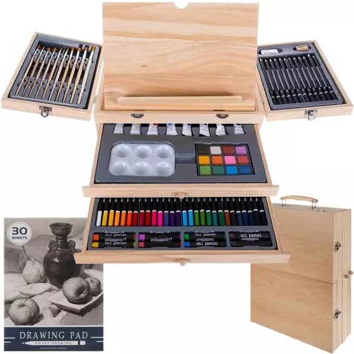 Trusa pictura, set 83 piese, valiza cu 2 sertare, universala, maner transport, lemn, 35x26,5x11 cm, multicolor - imagine 18